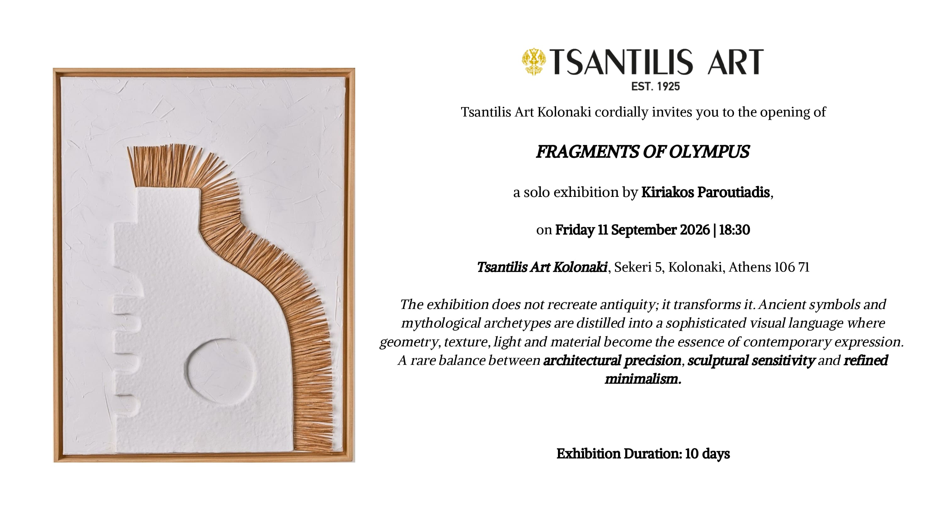 Solo exhibition at Tsantilis Art Gallery, Kolonaki Athens – contemporary Greek art presentation, FRAGMENTS OF OLYMPUS | Solo Exhibition by Kiriakos Paroutiadis
